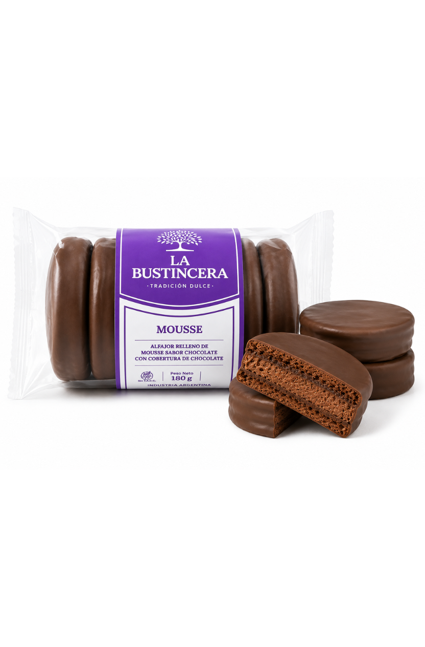 TU SNACK SALUDABLE (16) Mini Alfajores Mousse De Chocolate X5 Unidades La Bustincera - Imagen 1