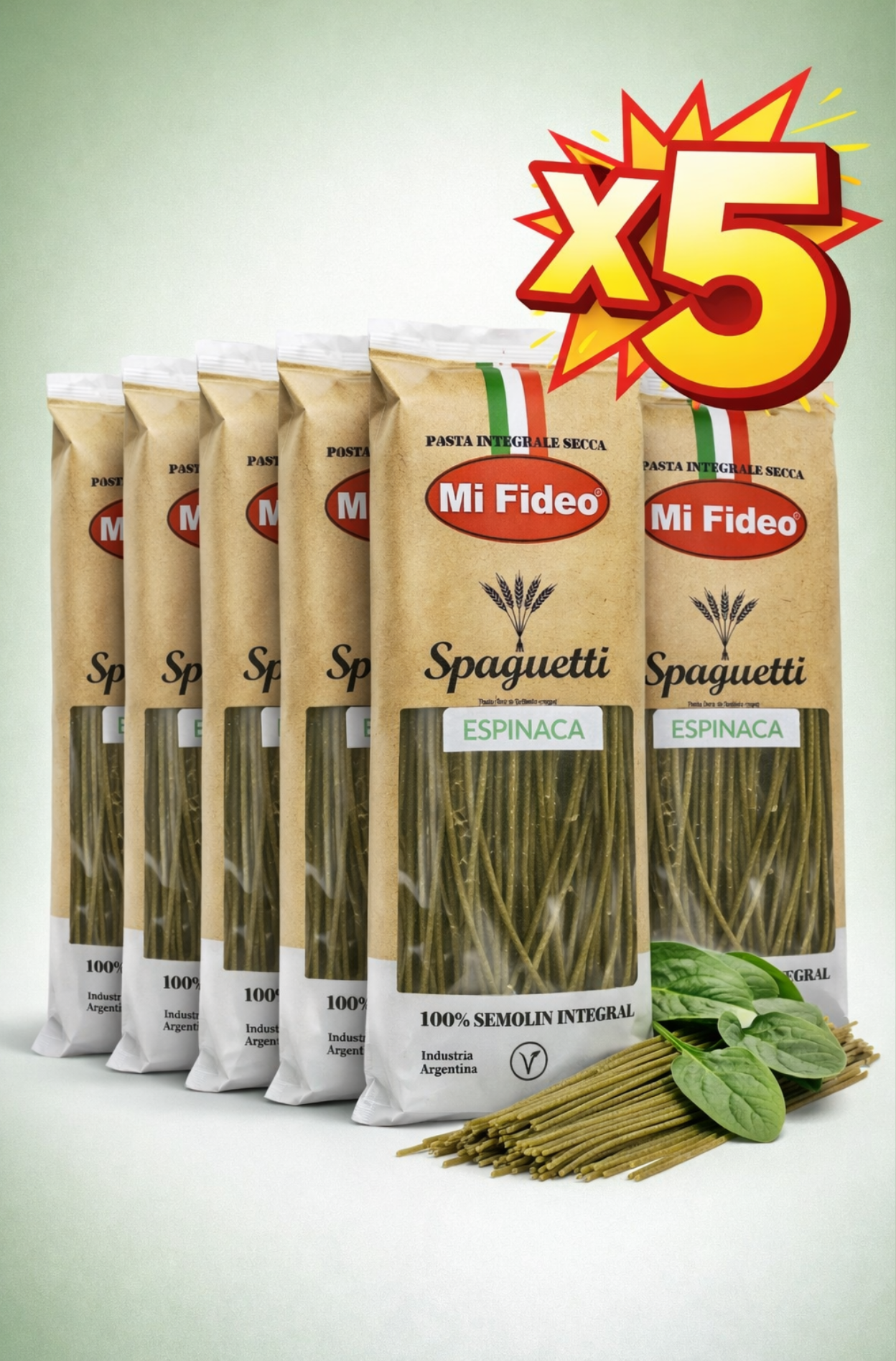 TU SNACK SALUDABLE (3) X5 Pack De Fideos Spaguetti De Semolín Integral Y Espinaca - Imagen 1