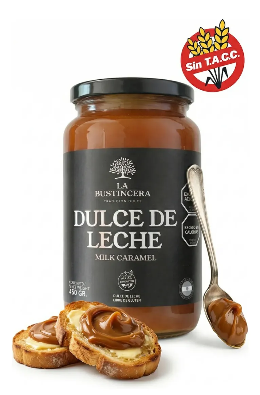 TU SNACK SALUDABLE (7) Dulce De Leche La Bustincera Sin Tacc Frasco De 450 Gramos - Imagen 1
