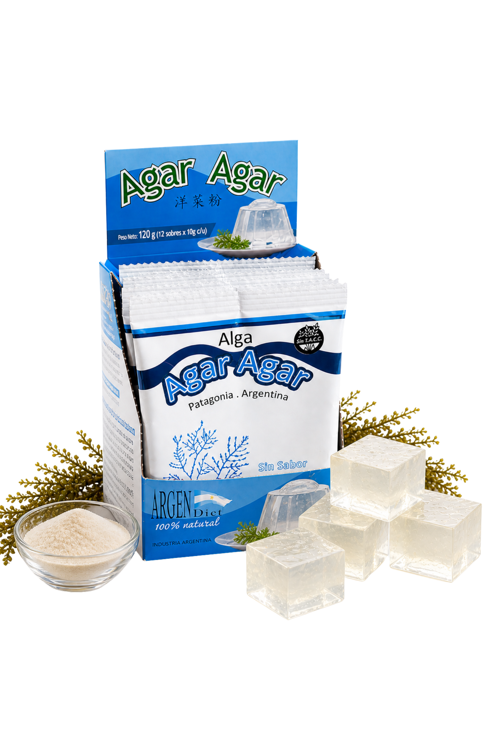 TU SNACK SALUDABLE (7) Agar Agar Gelatina Vegetal S/ Tacc Argendiet 12x10g Sin Sabor - Imagen 1
