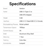 Adaptador Usb Hembra A Usb C Otg 3.1 10 Gbps Vention Azul Acero - Imagen 7