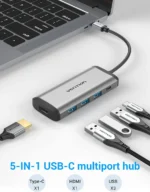 Hub Multipuerto Vention - 5 En 1 - Usb C A Hdmi 4k + 3 Puertos Usb 3.0 - 5gbps + Power Delivery 100w - Carcasa Aluminio - Premium - Para Laptop Notebook Mouse Teclado Disco Lectora Sd Tf - Cnbhb - Imagen 5