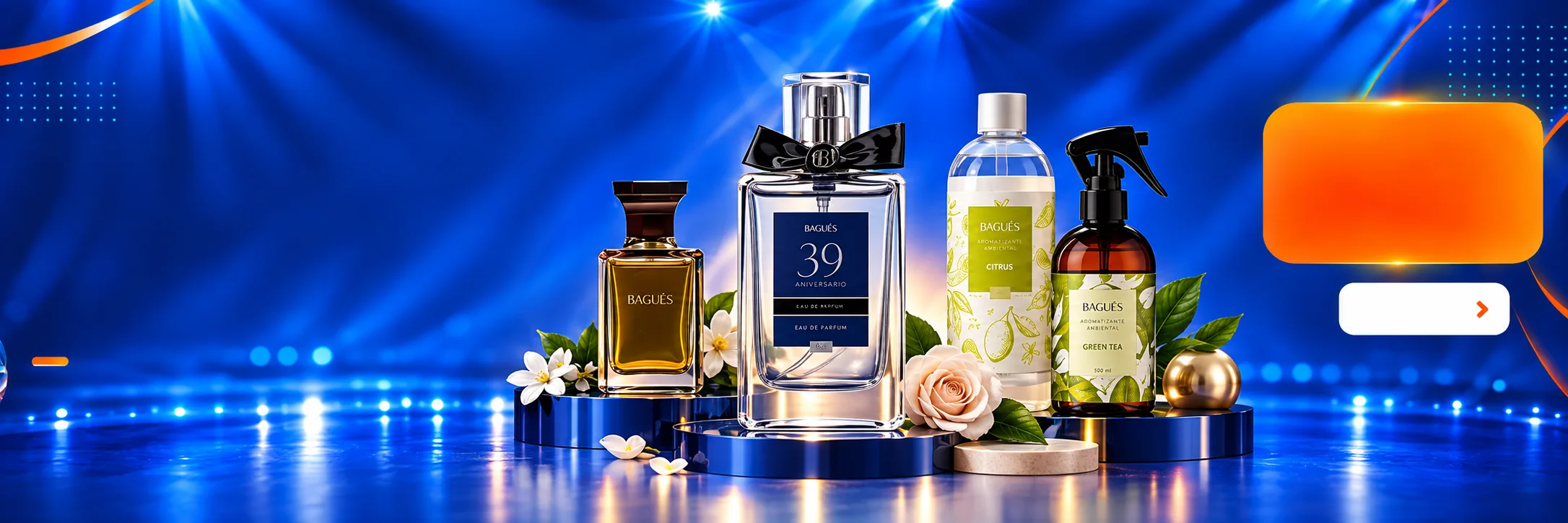 Perfumes y aromatizantes Bagués sobre escenario azul