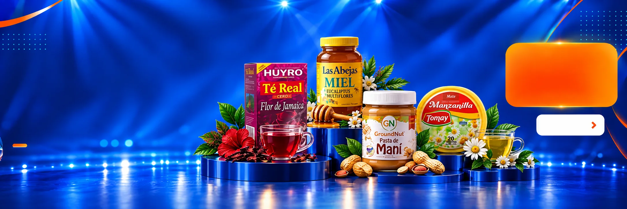 Té, miel, pasta de maní y mate Tomay sobre escenario azul