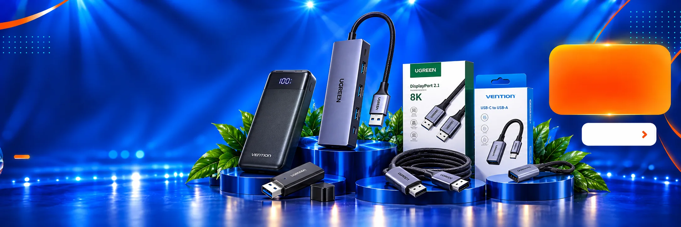 Power bank Vention, hub y cables Ugreen y adaptador Vention sobre escenario azul