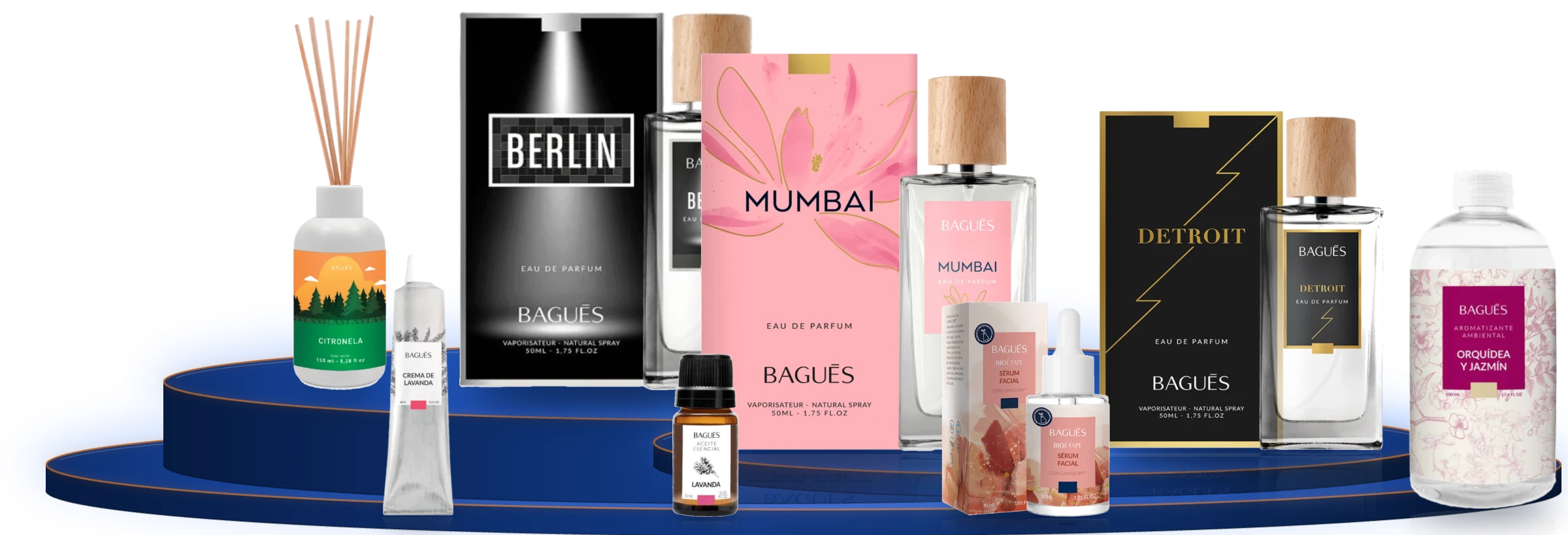 Perfumes Bagués Mumbai, Berlín y Detroit, Aromatizante y Difusor Bagués, Aceite Esencial Lavanda, Sérum Lumiglow y Crema de Lavanda Bagués