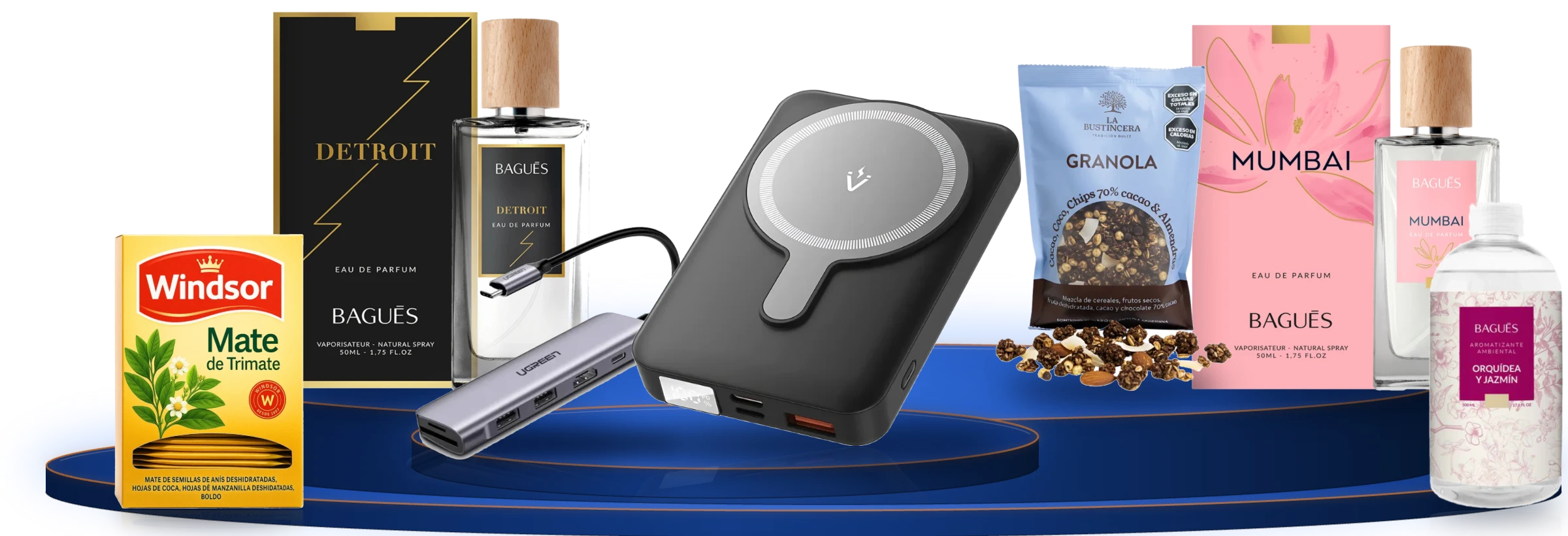 Ugreen Hub USB-C 6 en 1, Power Bank Magnético Vention, perfumes Bagués Detroit y Mumbai, Aromatizante Bagués Orquídea y Jazmín, Té Windsor Trimate y Granola La Bustincera