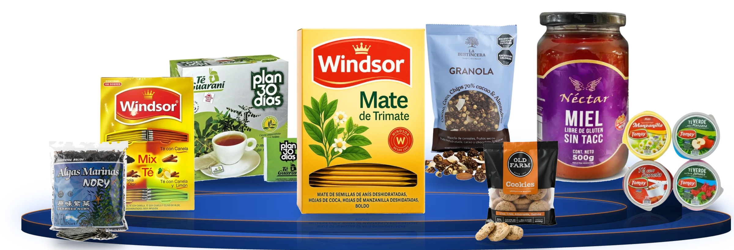 Té Windsor Trimate y Mix, Pack Tomay, Té Guaraní Plan 30 Días, Granola La Bustincera, Miel Néctar de los Dioses, Cookies Old Farm y Algas Nori Argendiet