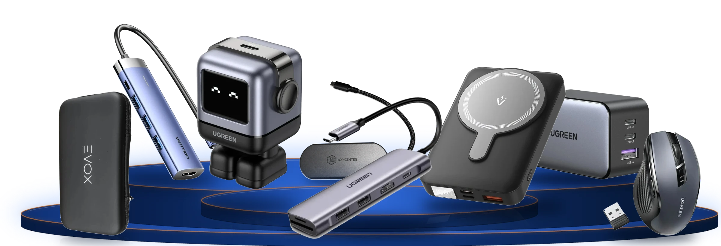 Ugreen Hub USB-C 6 en 1, Cargador Ugreen Nexode Robot, Power Bank Vention, Ugreen GaN 65W, Vention Hub 5 en 1, Hub TopCenter 7 en 1, Mouse Ugreen y Estuche Evox