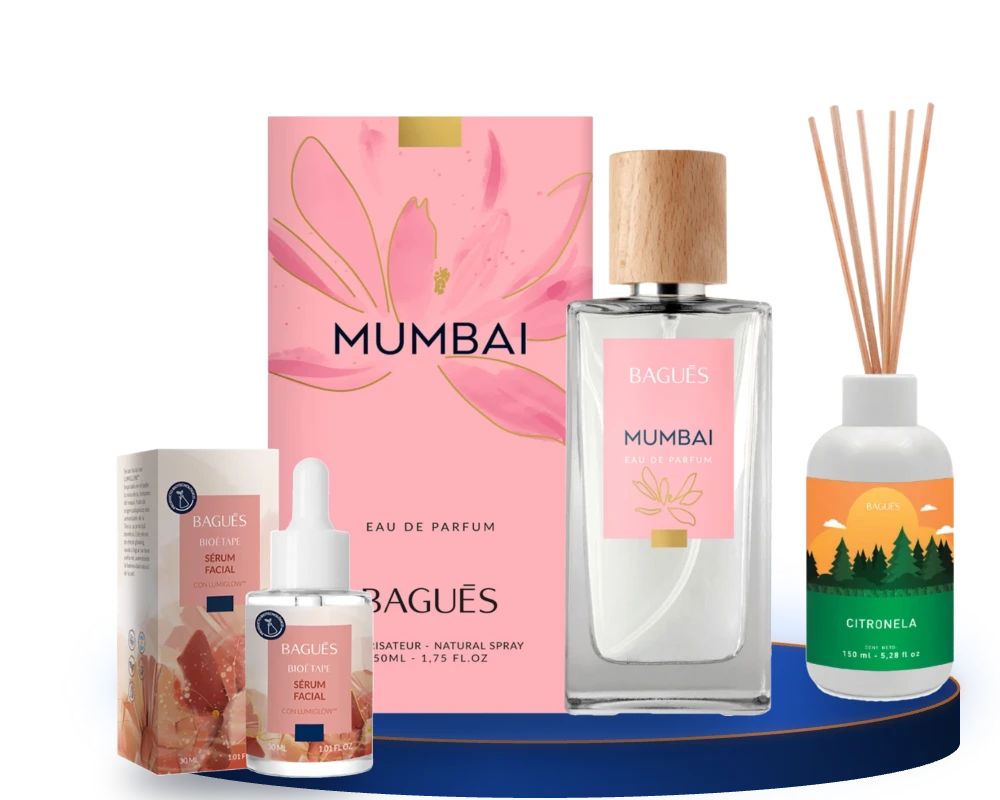 Perfume Bagués Mumbai, Sérum Facial Lumiglow y Difusor Citronela Bagués