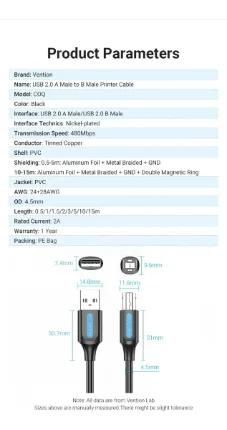 Vention Cable USB 2.0 para Impresora 2m - Imagen 3