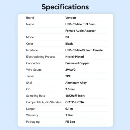 Adaptador Vention USB-C a Jack 3.5mm DAC Negro - Imagen 4