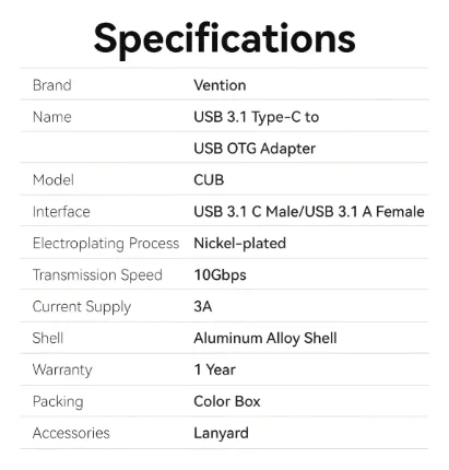 Adaptador USB-C a USB-A OTG Vention 10Gbps - Imagen 7