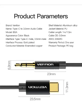 Vention Cable USB-C a Jack 3.5mm 1m - Imagen 3