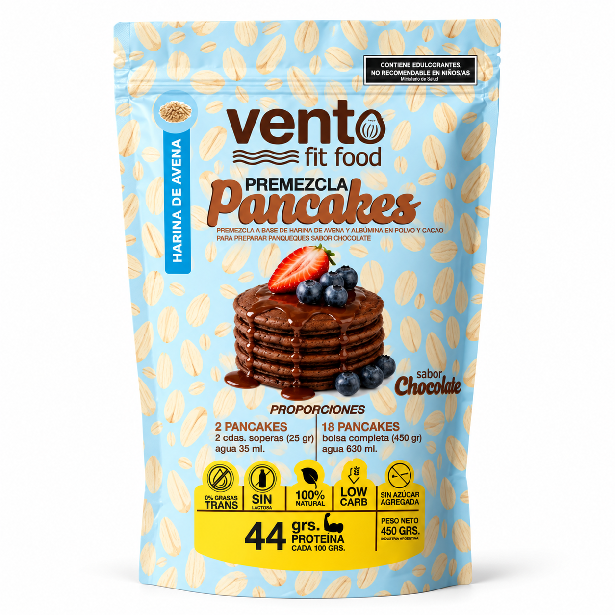 ChatGPT Image 24 sept 2026, 12_53_57 p.m. Premezcla Pancake Vento Fit Harina De Avena Chocolate X450gr - Imagen 1