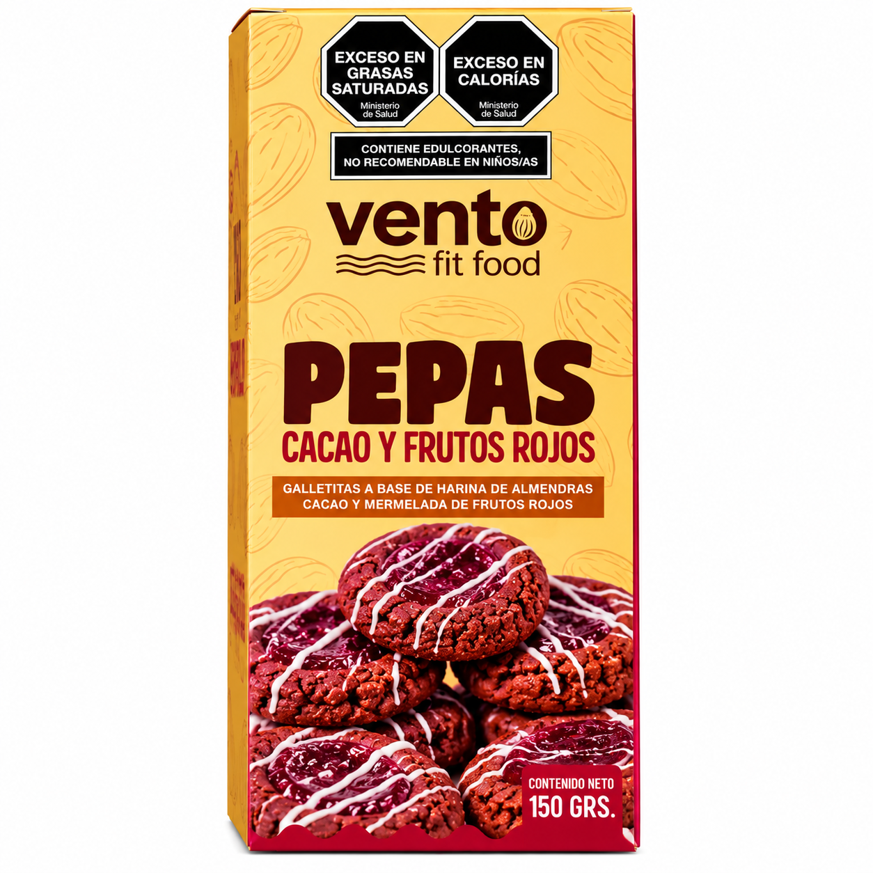 Empaque Vento Fit Food Pepas Pepas Keto Cacao Y Frutos Rojos Vento Fit 150gr - Imagen 1